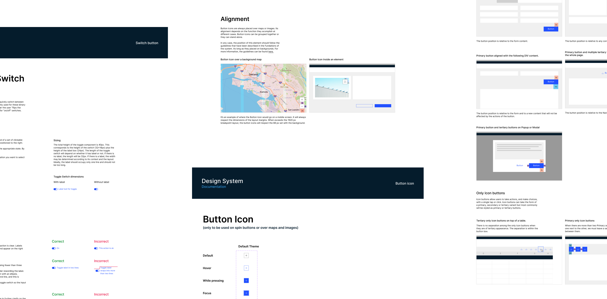 Multiple screens displaying a design system documentation interface with dark blue headers and white content areas. The screens show sections such as Alignment and Button Icon, with explanatory text, diagrams, and UI examples including buttons, maps, and form layouts. Visible text includes headings like Alignment, Button Icon, and Design System, as well as descriptive paragraphs and labels for UI elements. The environment is clean, organized, and professional, emphasizing clarity and structure in presenting design guidelines. The tone is informative and methodical, supporting understanding and accessibility for users and developers.
