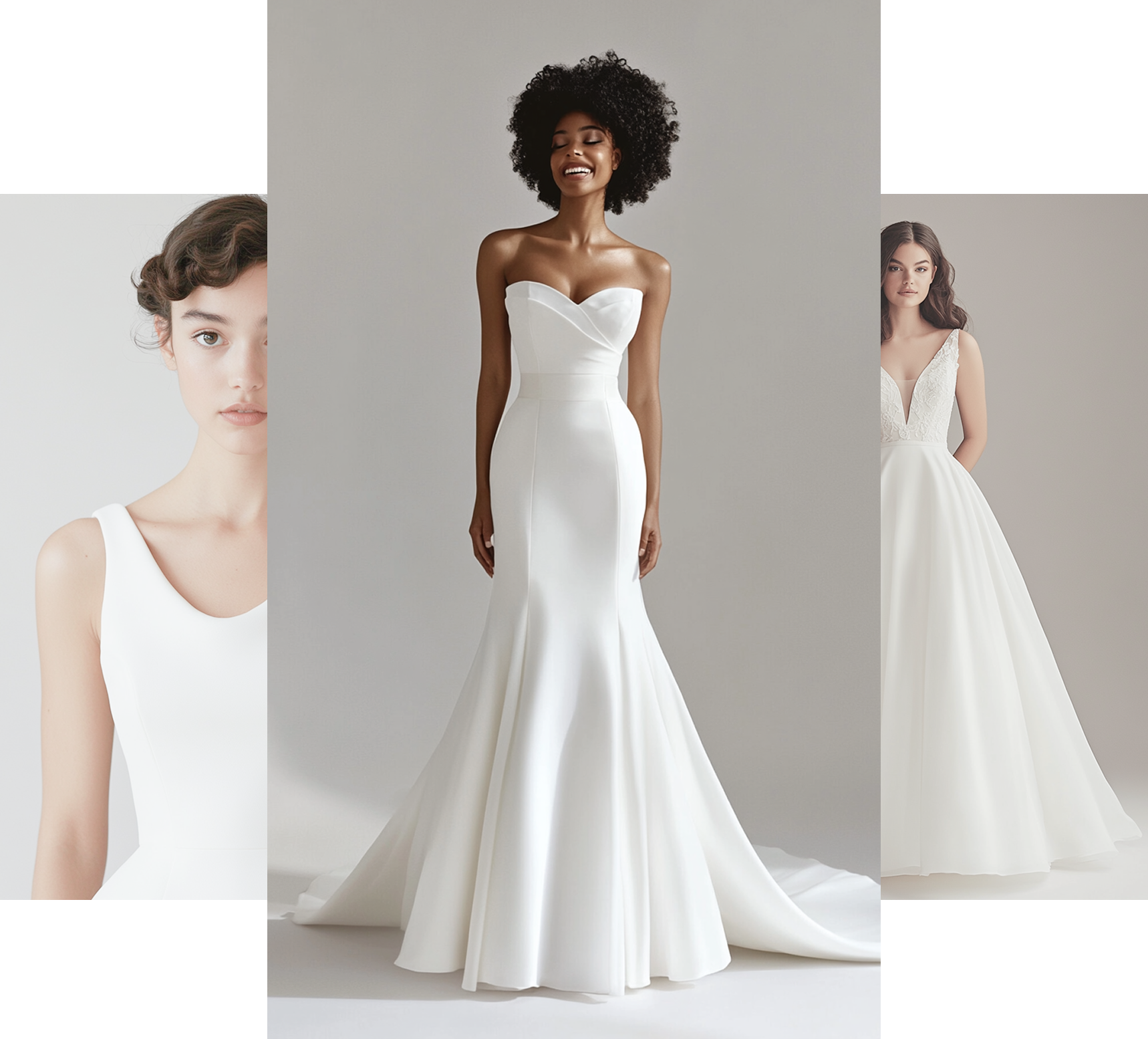 Three women wearing elegant white wedding dresses in different styles, standing in a minimalist studio setting with neutral backgrounds. The central figure stands confidently in a strapless gown with a fitted silhouette and train, while the women on either side wear dresses with varying necklines and skirt shapes. The atmosphere is calm and sophisticated, highlighting the diversity of bridal fashion.