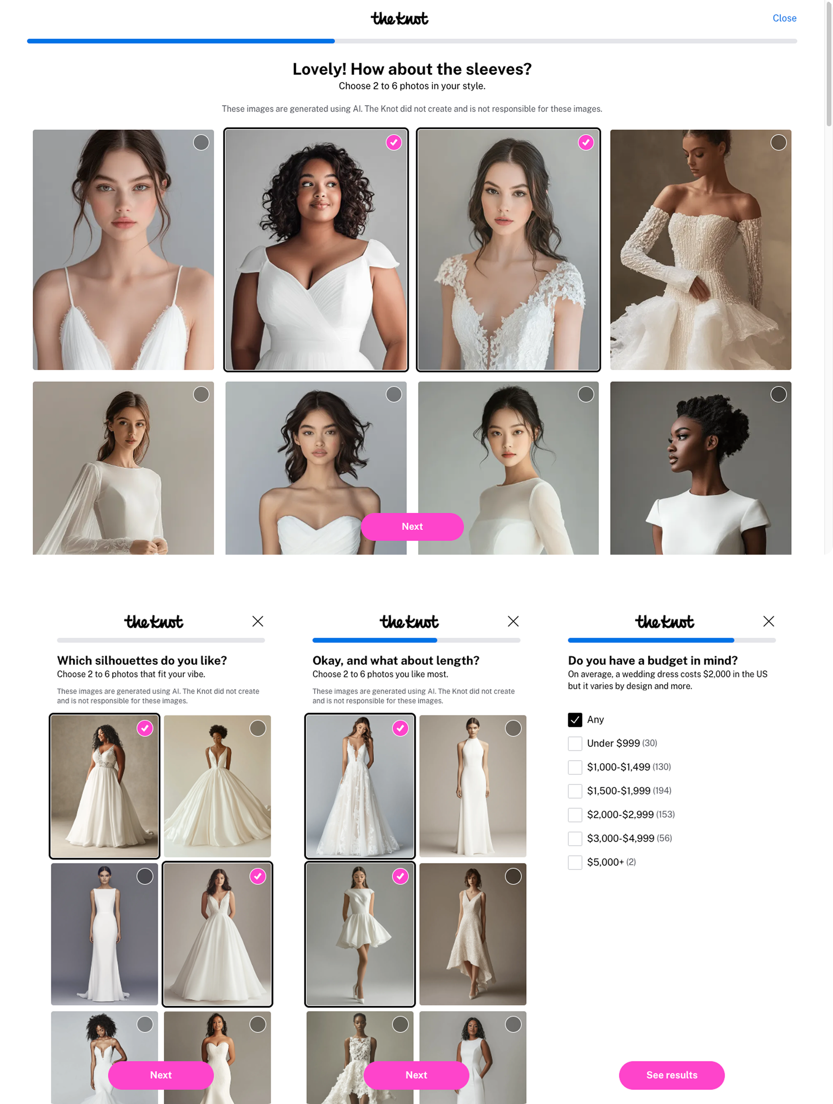 Wedding dress style quiz interface showing a selection step where users choose their preferred sleeve styles from various dress images. The screen displays multiple dresses with different sleeve designs, a progress bar at the top, and a Next button at the bottom. The wider environment is a clean, modern digital interface with a calm and inviting tone. Visible text includes Lovely! How about the sleeves? Choose 2 to 6 photos in your style. and navigation instructions for the quiz.