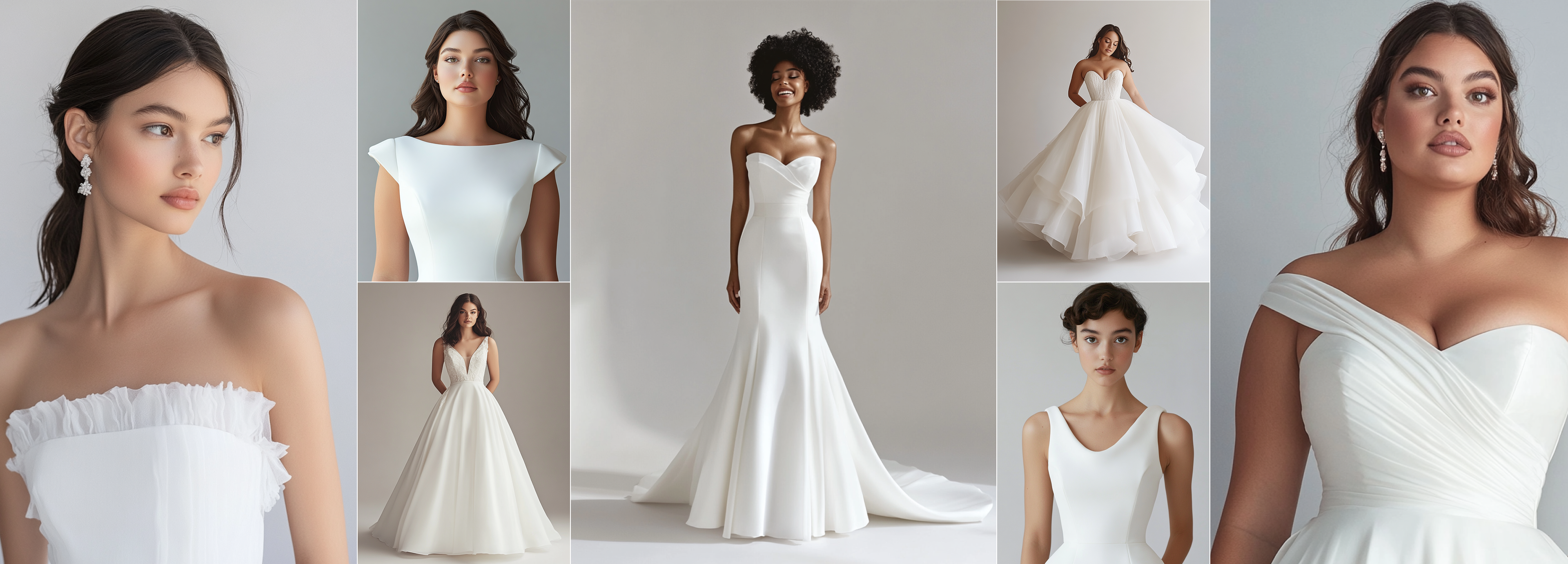 Several women wearing elegant white wedding dresses in a variety of modern styles, standing and posing in a minimalist studio with soft neutral backgrounds. The dresses feature different necklines, silhouettes, and fabric textures, highlighting diversity in bridal fashion. The atmosphere is calm and sophisticated, emphasizing choice and individuality in wedding attire. No visible text in the image.
