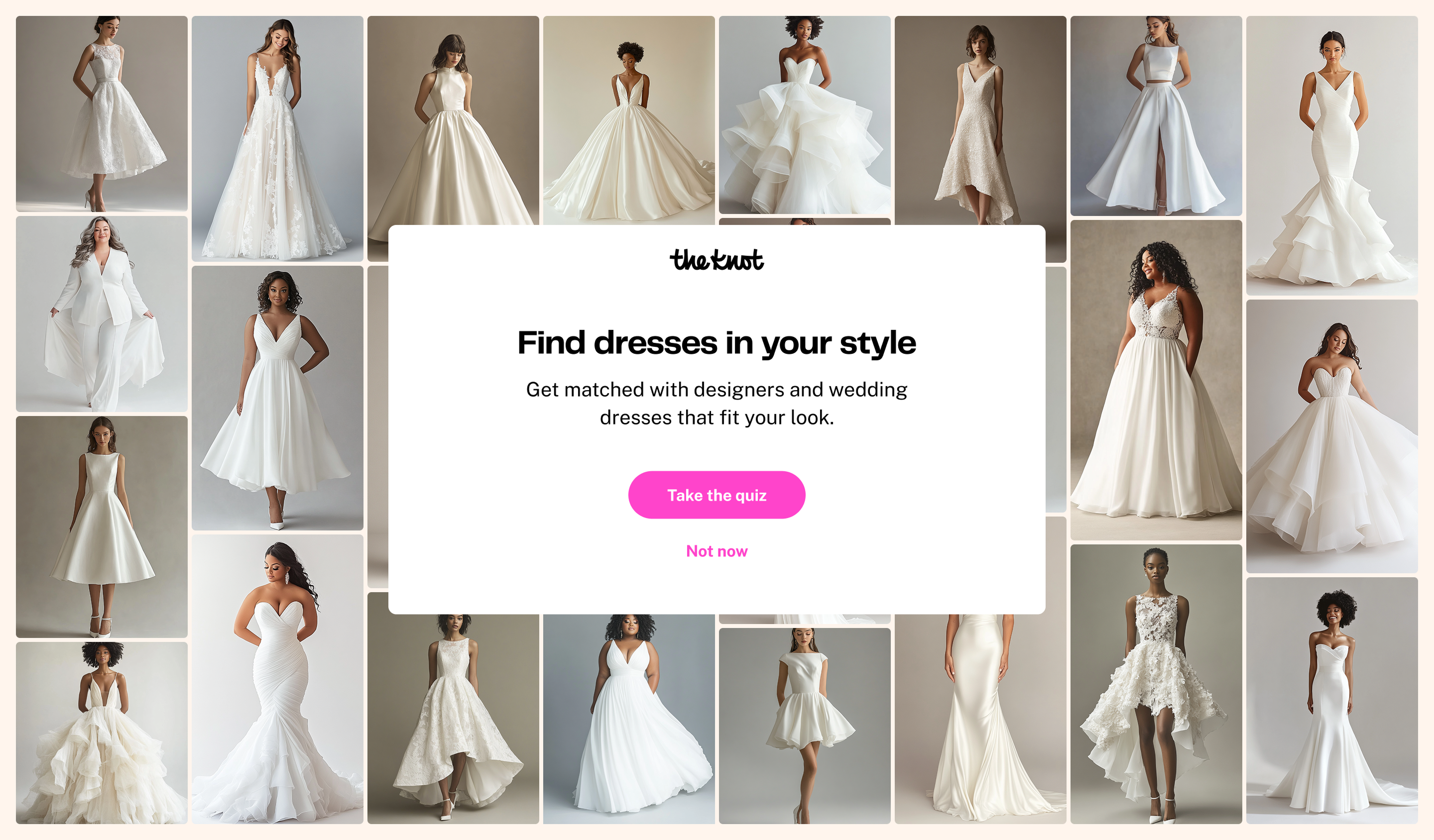 A group of women wearing a variety of modern white wedding dresses, each featuring different silhouettes, necklines, and fabric textures, standing and posing in a minimalist studio with soft neutral backgrounds. The scene highlights diversity in bridal fashion and emphasizes individuality and choice. The emotional tone is elegant and celebratory. No visible text in the image.