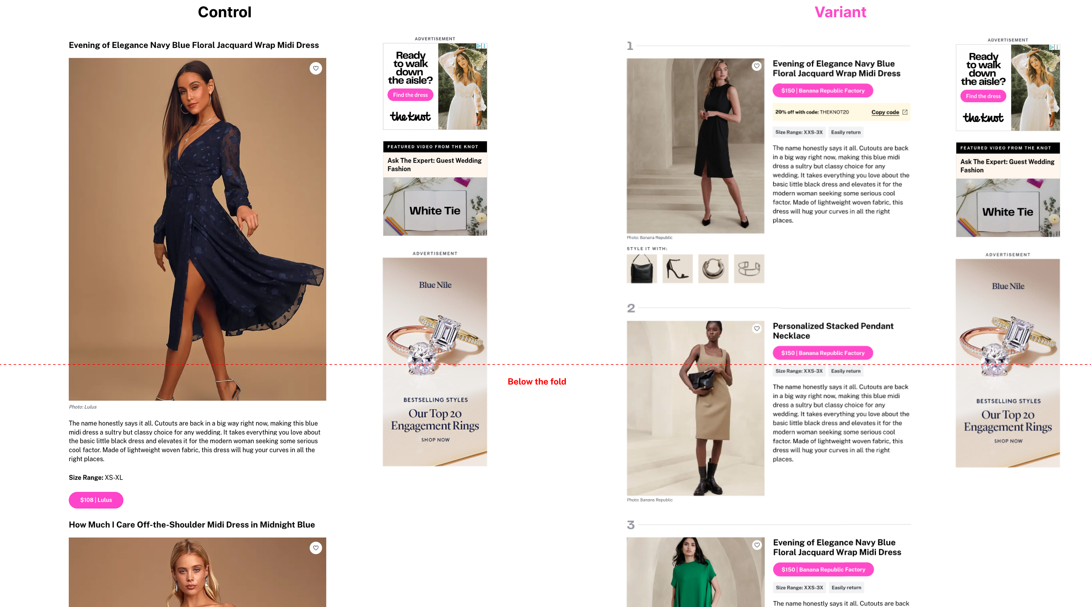 Control and variant designs for an affiliate article template, showing a list of products with images, titles, prices, and ratings. The control design features a long scrollable list with inline ads, while the variant introduces a modal for product browsing, enhancing usability and reducing scroll depth. The environment is clean and modern, emphasizing clarity and user experience.