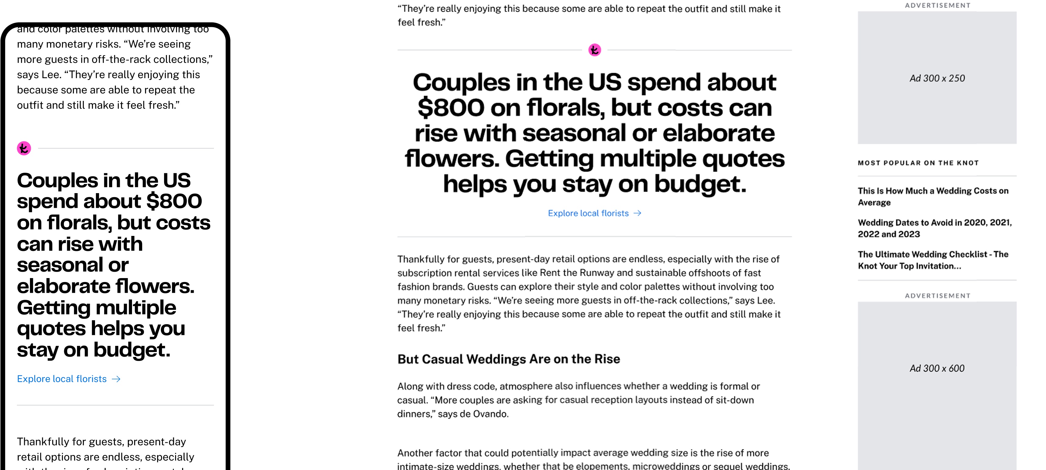 Desktop and mobile screens showing a wedding vendor listicle layout with vendor images, ratings, prices, and locations. The interface is clean and modern, focusing on clarity and easy comparison. No visible text.