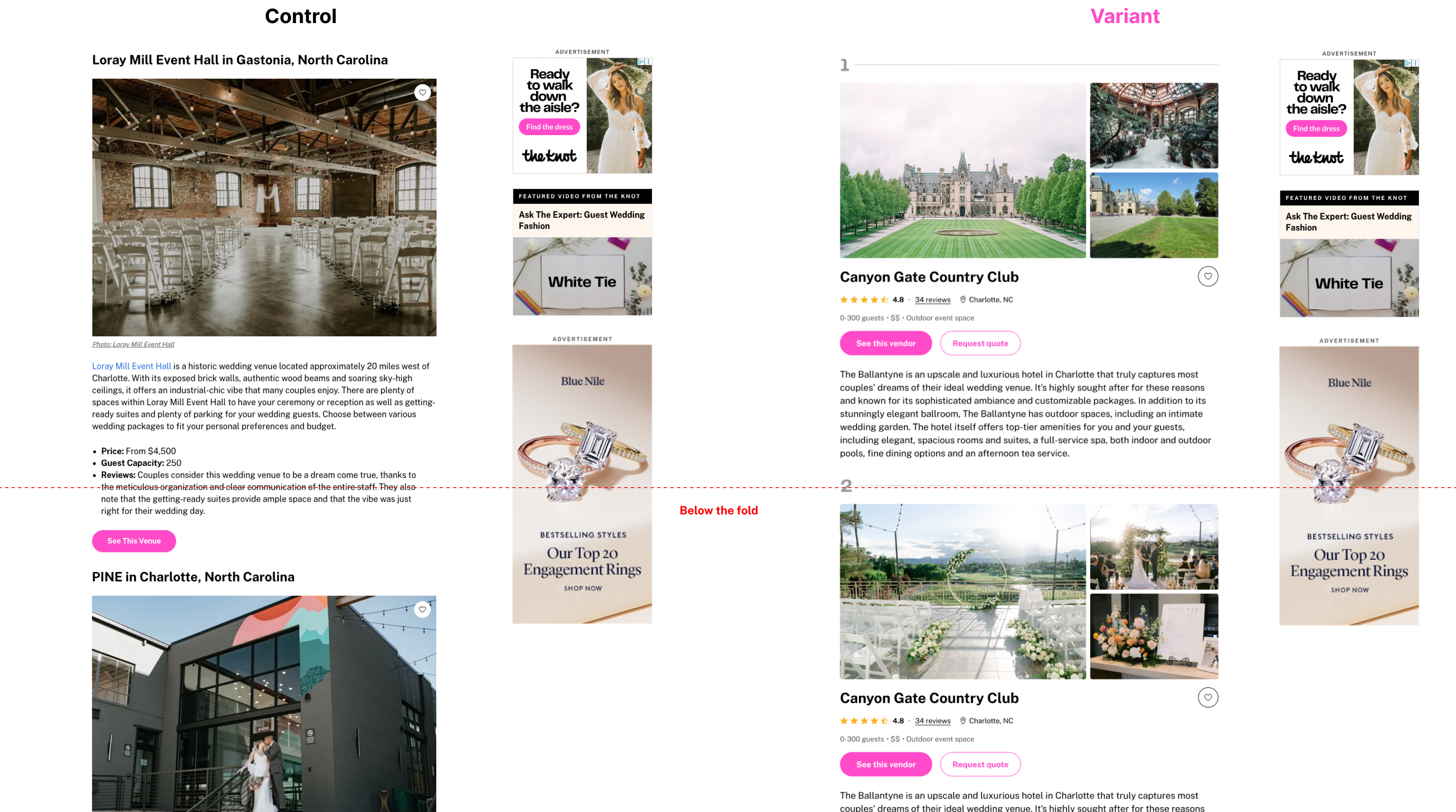 Mobile and desktop screens displaying a wedding vendor listicle layout with vendor images, ratings, prices, and locations. The interface is clean and modern, emphasizing clarity and ease of comparison. No visible text.